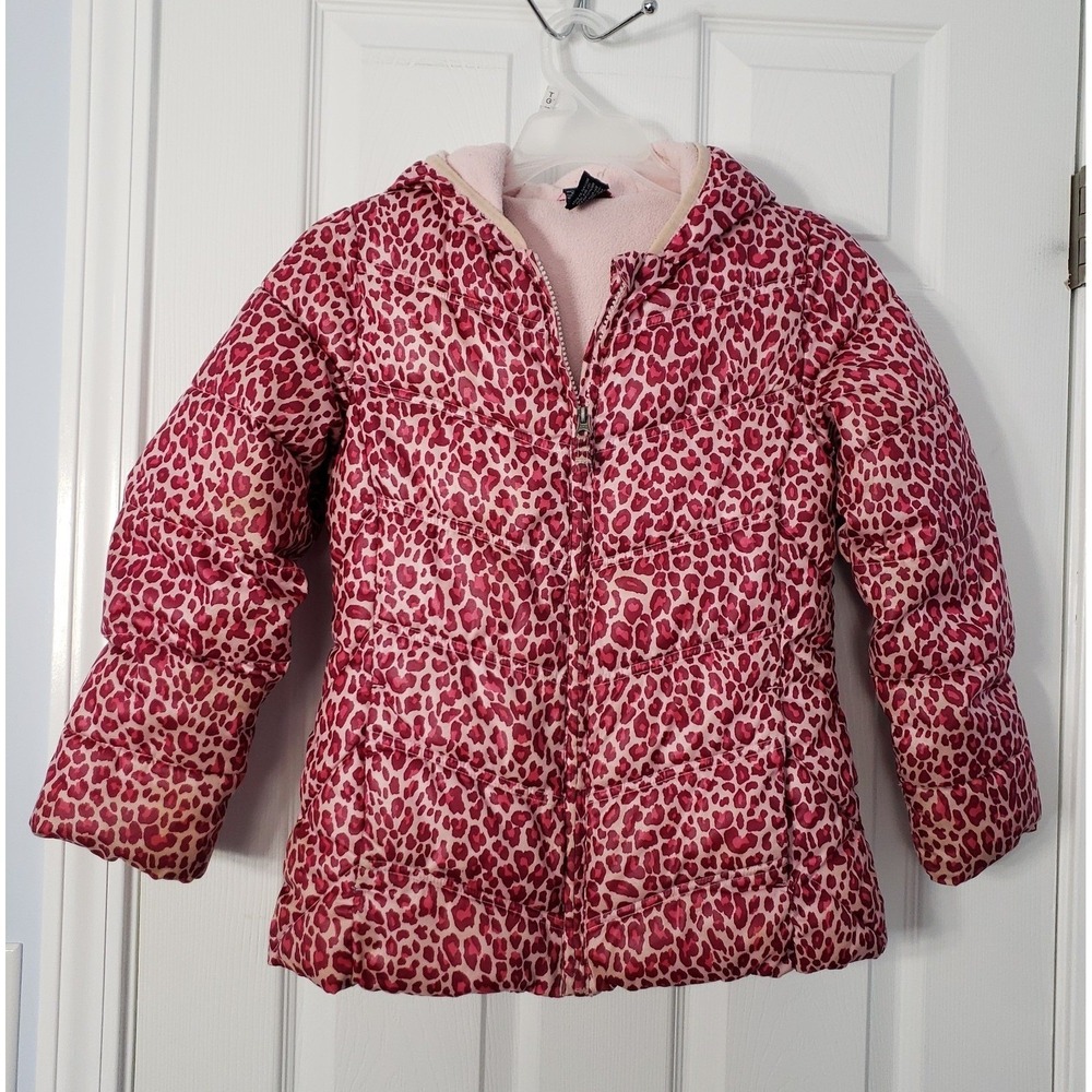 Faded Glory Puffer Jacket‎ with hood Cheetah print Size Medium Pink